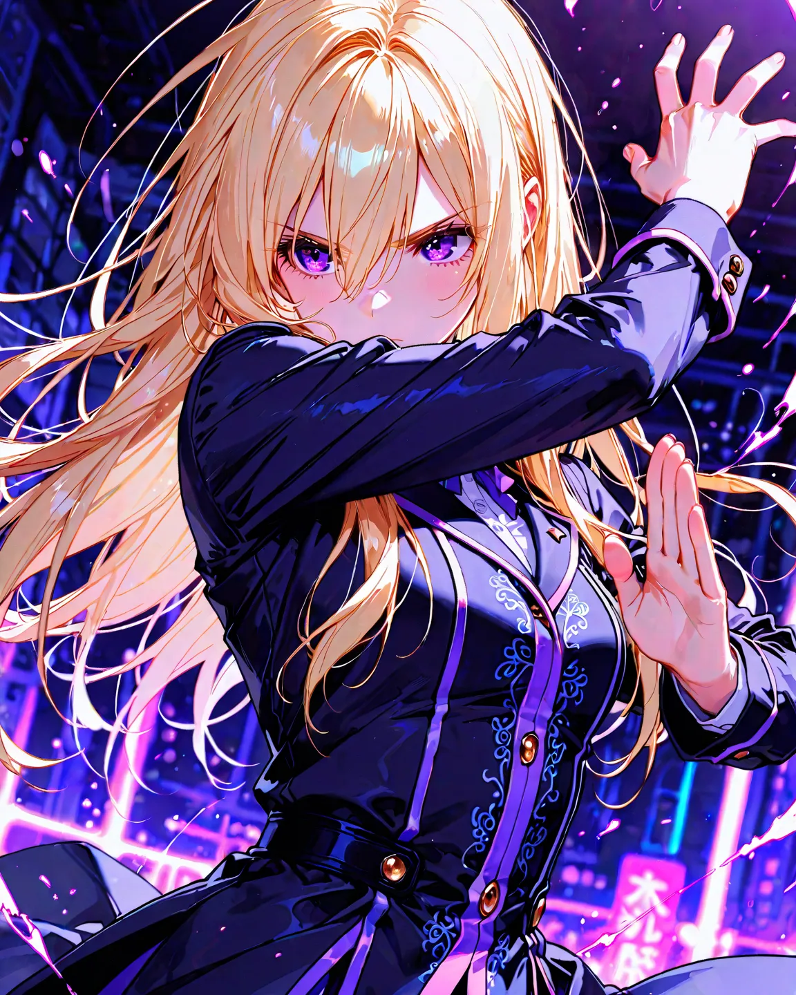 Animebliss , long blonde hair, hair inbetween eyes, purple eyes, ,   Fighting Stance  ,, Masterpiece,  best quality ,  great quality,  detailed background ,   Intricate Details