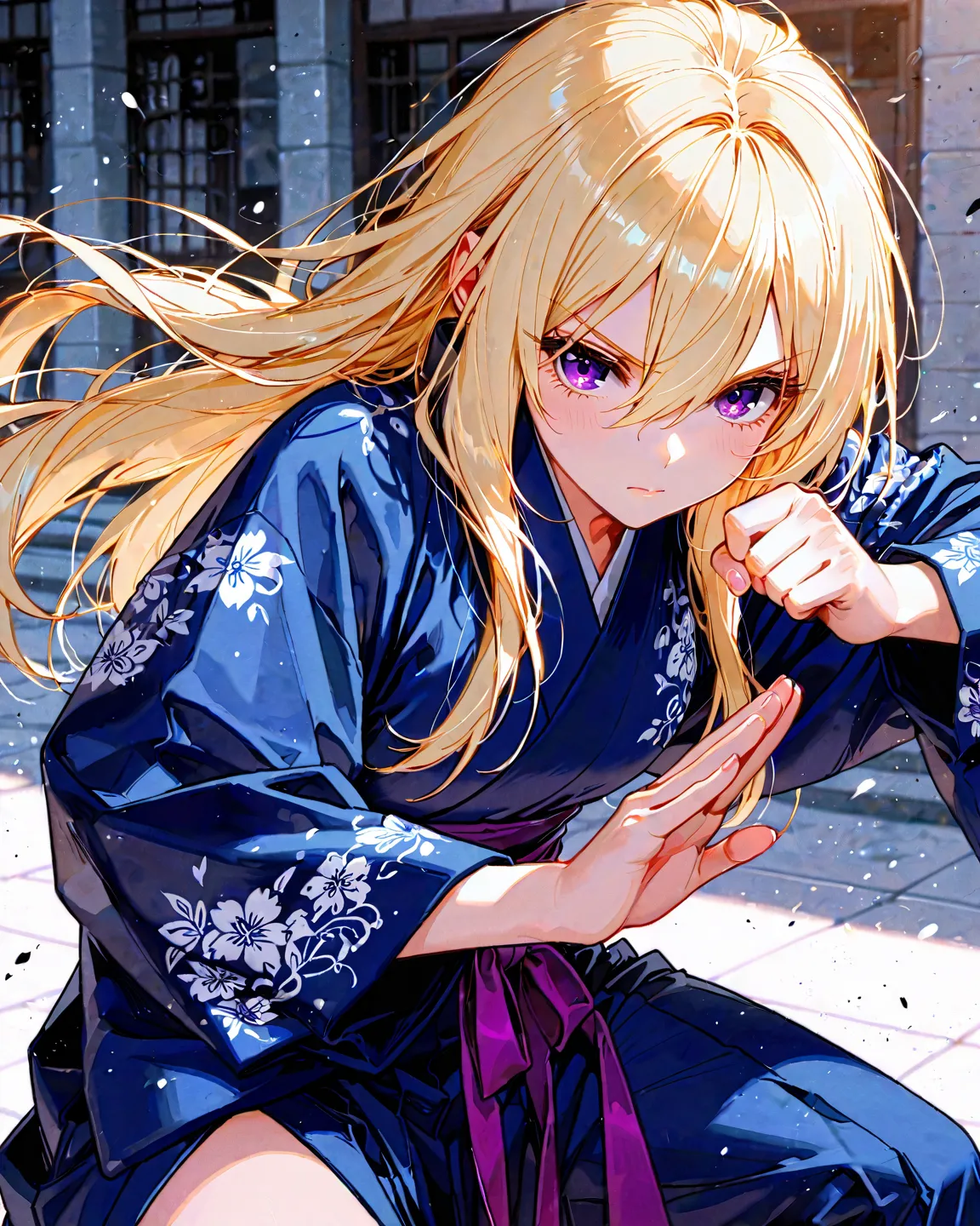 Animebliss , long blonde hair, hair inbetween eyes, purple eyes, ,   Fighting Stance  ,, Masterpiece,  best quality ,  great quality,  detailed background ,   Intricate Details