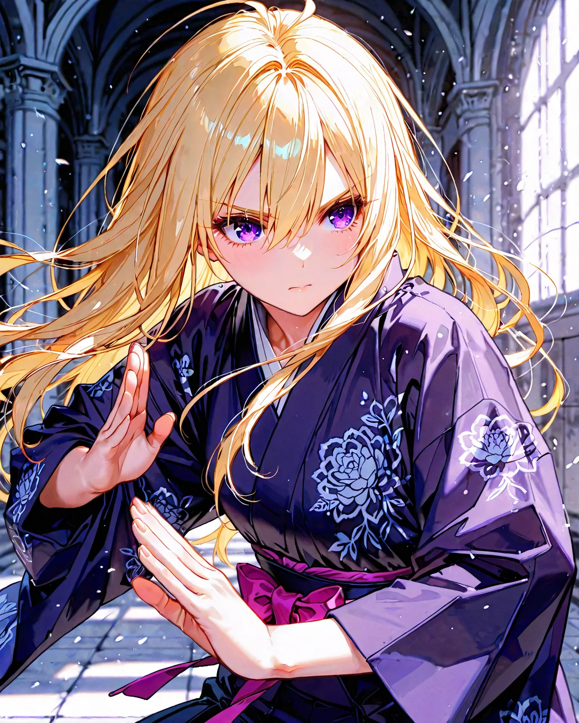 Animebliss , long blonde hair, hair inbetween eyes, purple eyes, ,   Fighting Stance  ,, Masterpiece,  best quality ,  great quality,  detailed background ,   Intricate Details