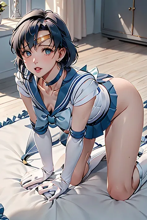 masterpiece, Highest quality, High resolution, Realistic, Show more1, tiara, Sailor Warrior Uniforms, Blue Skirt, Blue sailor collar, tiara, bow, Knee Boots, choker, White gloves, blue choker, elbow gloves, jewelry, Earrings, Pleated skirt, At the bed, Ang...