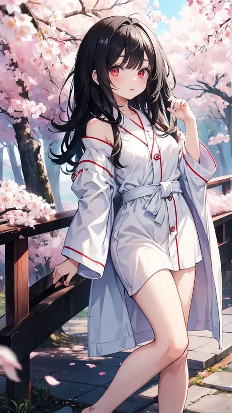  Anime style illustration: sister in a bathrobe, 18 years old, anime character, official character image, full body, female anime girl sister 18 years old, (black hair: 1.5), (suntanned: 0.5), Big red eyes,Posing,Dancing , looking at the camera, high quali...