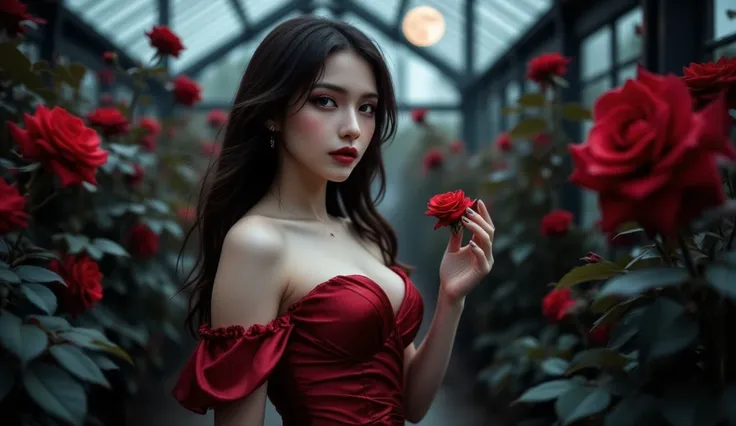 A stunning Russian woman in her early 20s with large breasts, long flowing dark hair, and piercing green eyes. She wears a deep red, low-cut silk gown that clings to her curves, exposing her cleavage. She stands in a gothic greenhouse filled with black and...