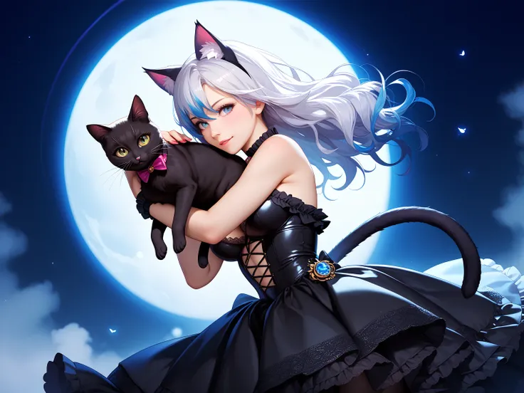 (masterpiece, best quality, highly detailed, anime style), 1girl, black cat girl, (strong emphasis on holding the cat, tightly holding cat, firmly holding cat:1.2), large fluffy black cat, hugging black cat, black cat tail, black fluffy furred cat ears, on...