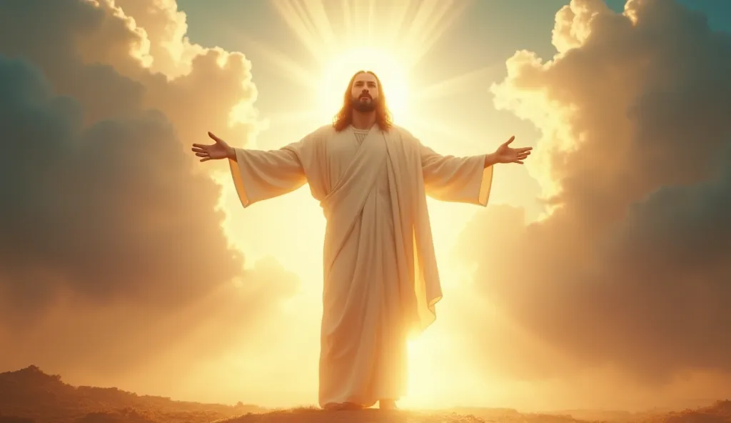 "A majestic and divine image of Jesus Christ, standing with open arms, radiating an intense heavenly glow. His white robe shines like pure light, and a golden halo surrounds His head, illuminating the surroundings. His powerful yet compassionate eyes gaze ...