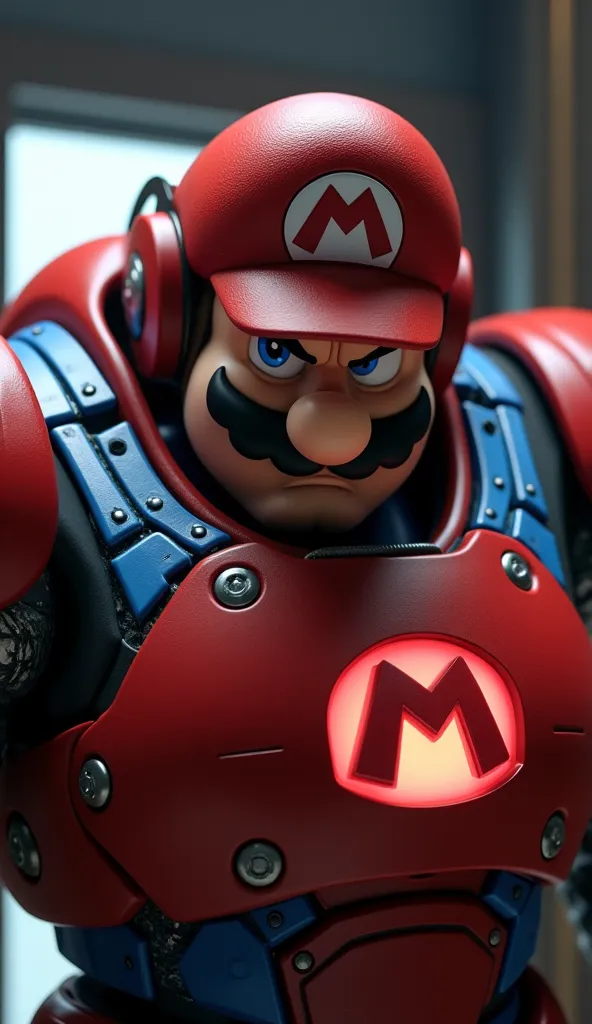 Disney Pixar 3D style. Close-up of Mario’s face as he looks deep in thought, his enormous robotic frame filling the scene. His high-tech red and blue outfit stretches over his massive shoulders and thick, muscular chest, reinforced with metallic plating th...