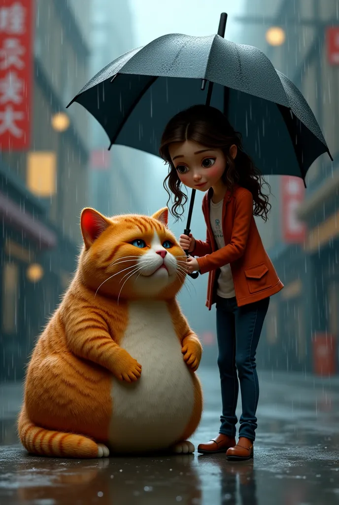 Make a very fat realistic orange cat alone crying in the rain and a realistic tall brunette woman with brown eyes and black hair with a black umbrella finds it and puts it on her arm