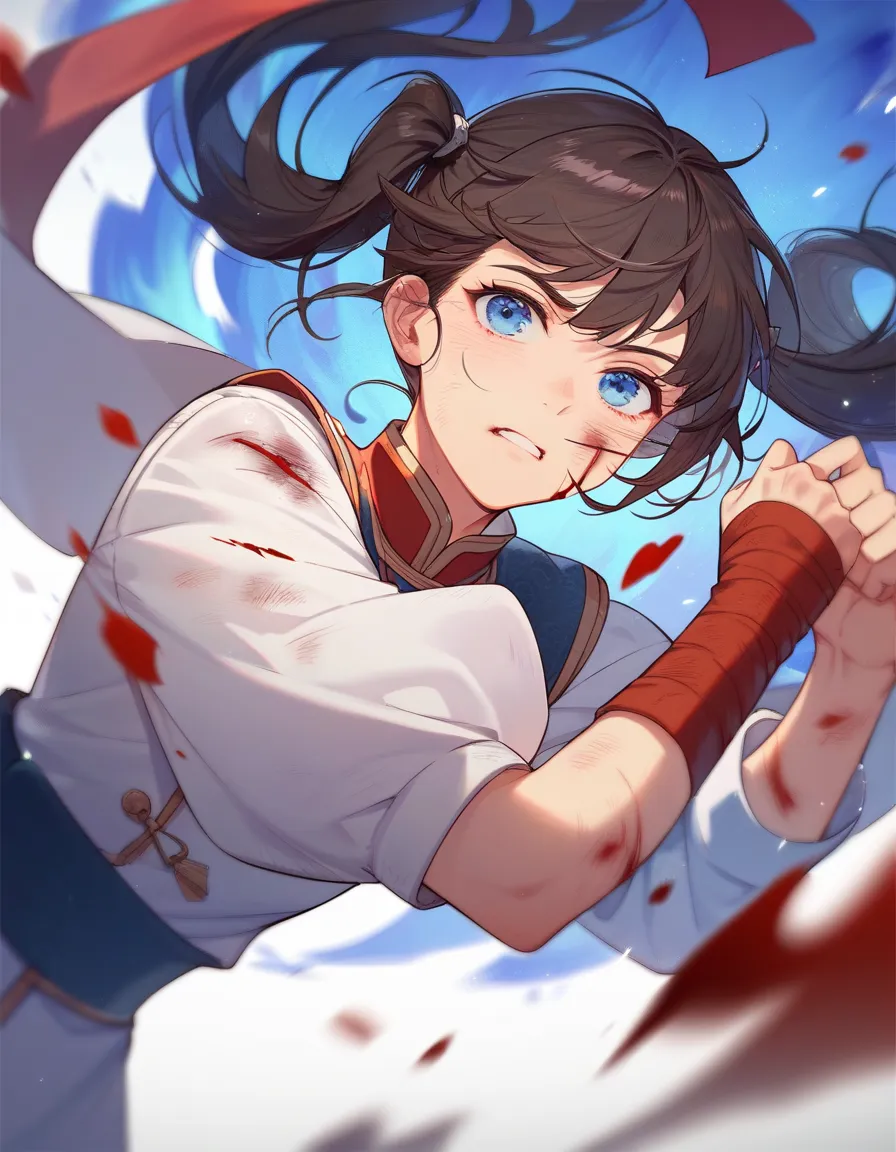 1girl, cute, pretty, brown hair, long hair, bangs, twintail, blue eyes, chinese war outfit, blood in her body, injured, wound, fighting and blue aura, manhwa