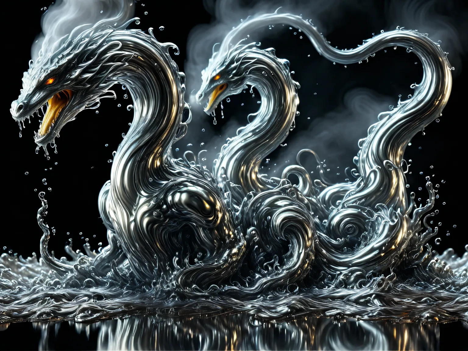 Mesmerizing  portrait of a seven-headed Hydra, a unique dichotomy. The left side is smooth, liquid metal machinery, its serpentine necks seamlessly transforming into reflective silver, dripping and glistening with an illusion of movement.

In contrast, the...