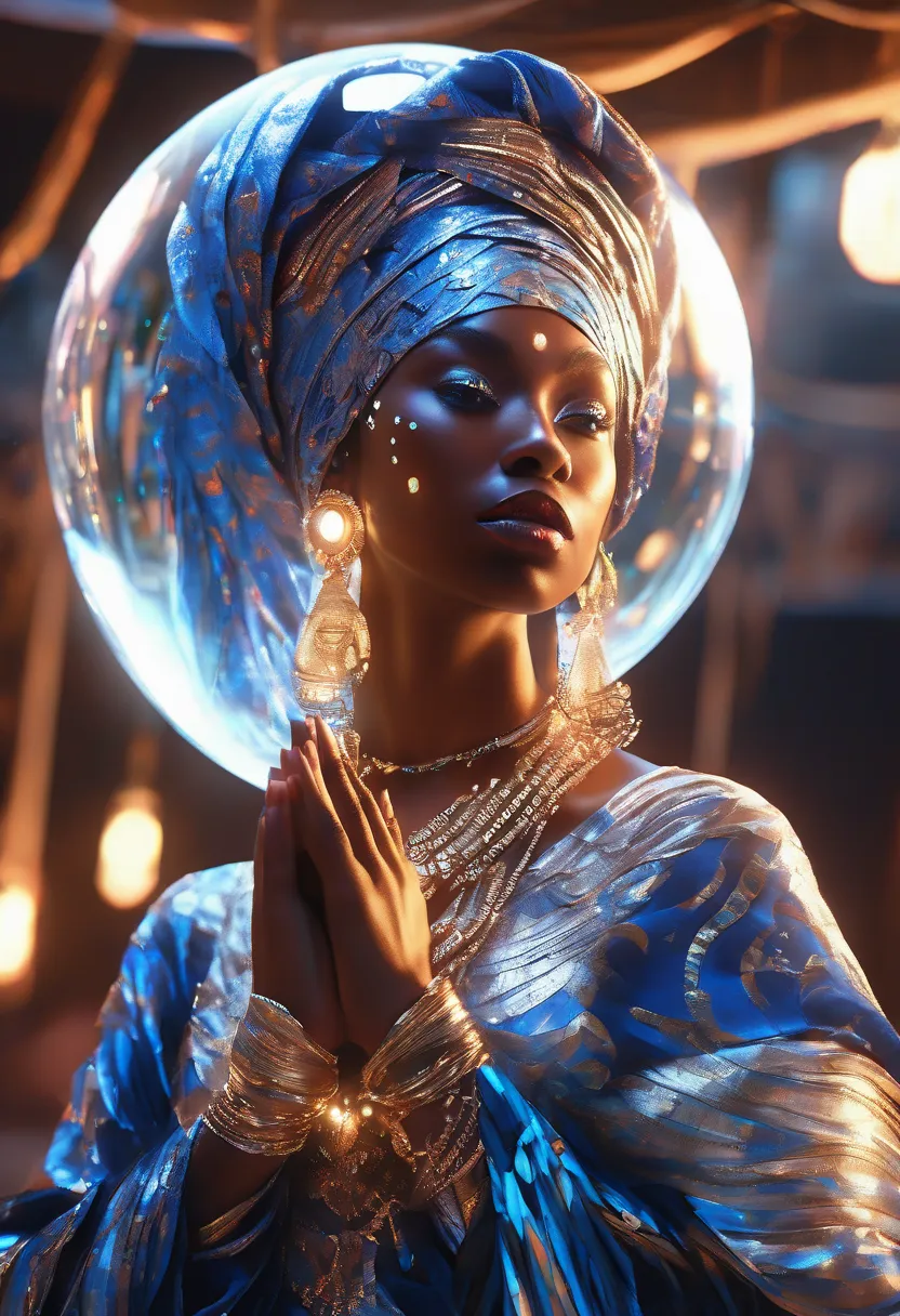 Half body shot of A blue hologram image of a glowing crystal ball floating in the arms of a black woman dressed in african clothes, very high detailed and clear image, 32k high definition and high resolution images, unreal engine 5 rendered. Hyper-realisti...