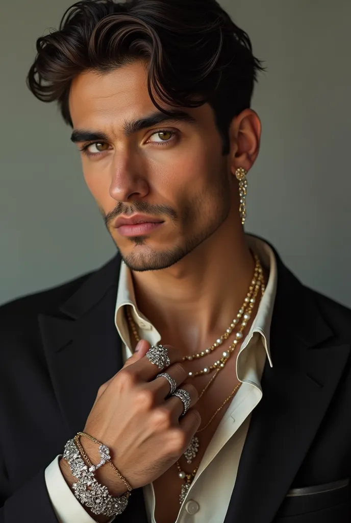 create a very natural image of a male model using various jewelry accessories