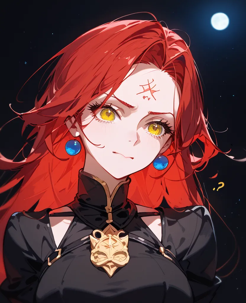  color scheme, girl,red hair,Light hair color,Black two piece set,sit,black background,Fierce face, long hair,cute, Small Straps, Open Shoulders, Moon Red ,in yellow eyes, princess ,polite,Not smiling,long skirt,milf,thin,Black suit,upper body,Confused,