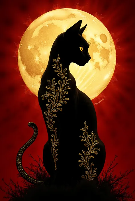 Art nouveau style modern reimagining of the iconic Le Chat Noir poster featuring a sleek silhouette of a black cat adorned with intricate golden filigree patterns along its contours against a deep crimson background with a luminous golden moon behind its h...