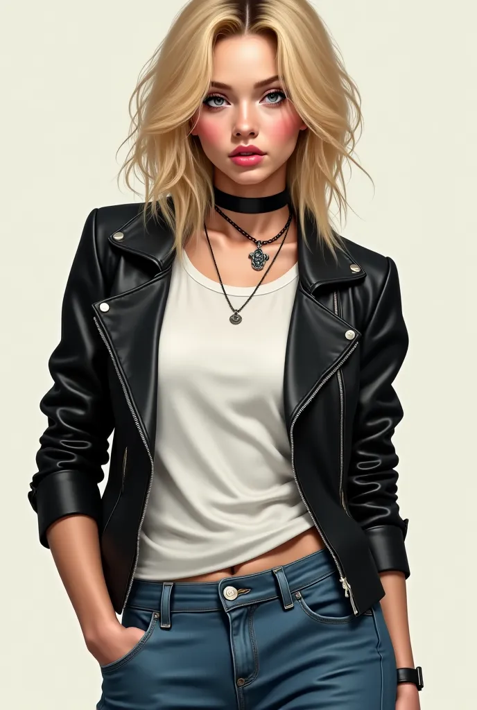  tall, Draw a girl wearing a leather jacket on a couple of necklaces, on a blonde neck and a blue baggy leg jeans underneath with a plain white T-shirt inside. 