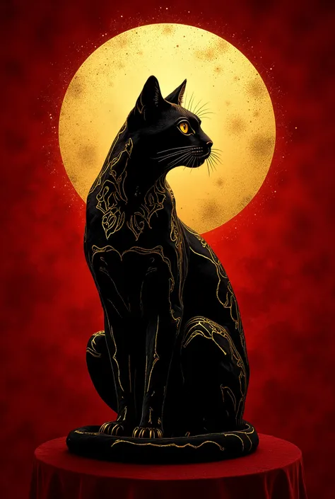 Contemporary luxury interpretation of the classic Le Chat Noir poster featuring a bold geometric black cat silhouette enhanced with art deco inspired golden filigree patterns along its profile set against a rich crimson velvet textured background with a pe...