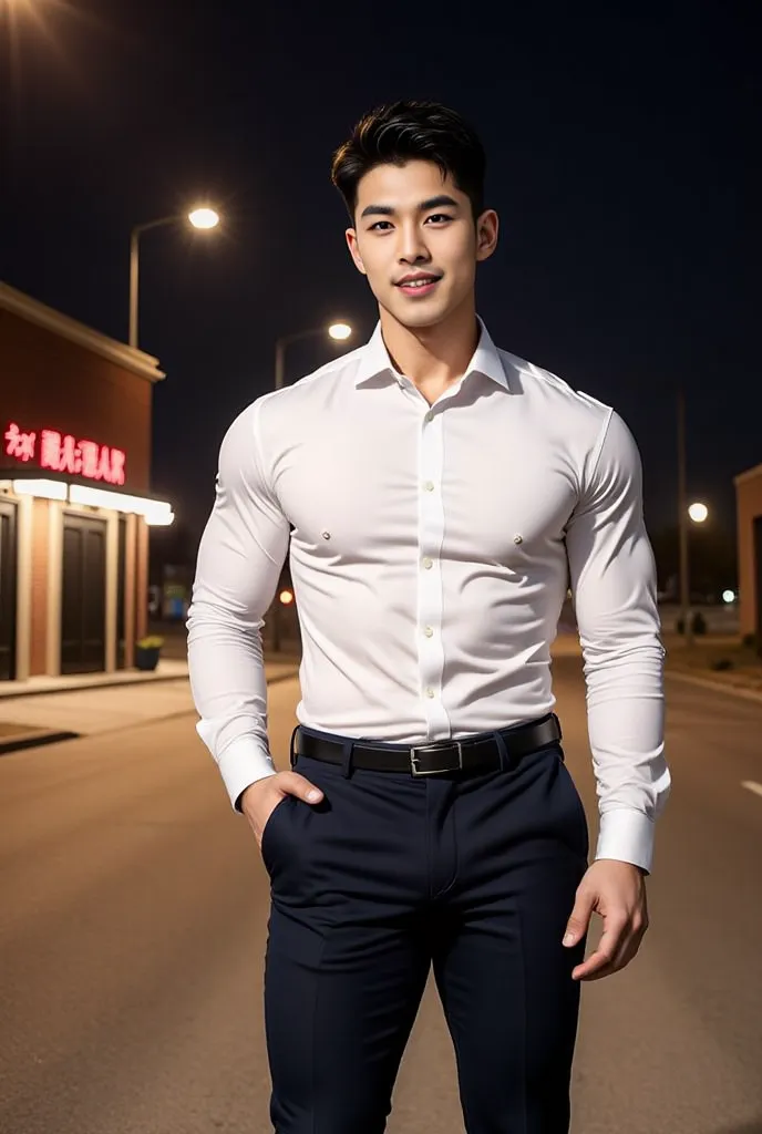 sex, masculine, Age 32 years, (Model, Byeon Woo-seok, South Korean celebrities), (bestquality:1.2, 8k resolution, highres:1.2), (asian, korea, handsome:1.4), White shirt, Short black hair, Good looking, Fair-skinned, Formal dress code, (On the road at nigh...