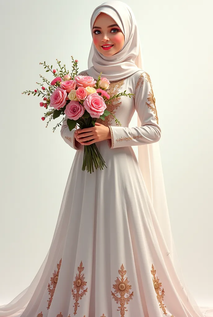 20-year-old Kazakh girl in a white hijab ,full height, with ornaments, holding a bouquet of flowers in his hands ,with accessories , long dress , I can't see hair, азиатская глаза with ornaments, smiles so brightly , digital art ,digital art,  illustration...