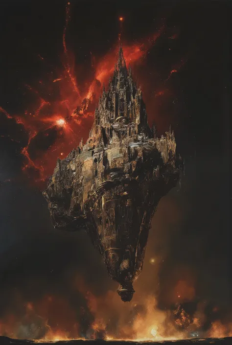 Terryffying illustration depicting supermassive spaceship floating in space, representing the last hope and final frontier of a dying human race. Spaceship looks menacing and is shaped in a way that resembles gothic cathedral . Spaceship is silhouetted by ...