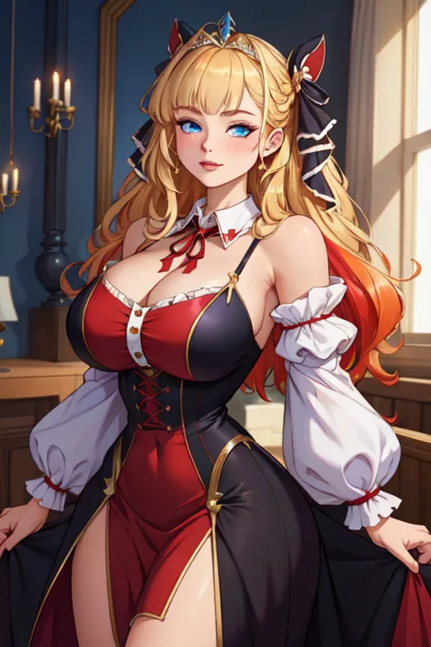 (masterpiece, best quality, absurdres, 4k, aesthetic, detailed, intricate),1girl,nikkecrwn,tiara, hair ribbon, multicoloured hair, blonde hair, red hair ,two-tone hair, elegant Victorian-inspired outfit, victoria style dress, 
wearing a red high-collared o...