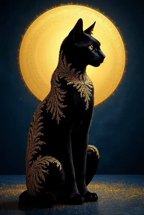 Contemporary luxury interpretation of the classic Le Chat Noir poster featuring a bold geometric black cat silhouette enhanced with art deco inspired golden filigree patterns along its profile set against a rich indigo velvet textured background with a per...