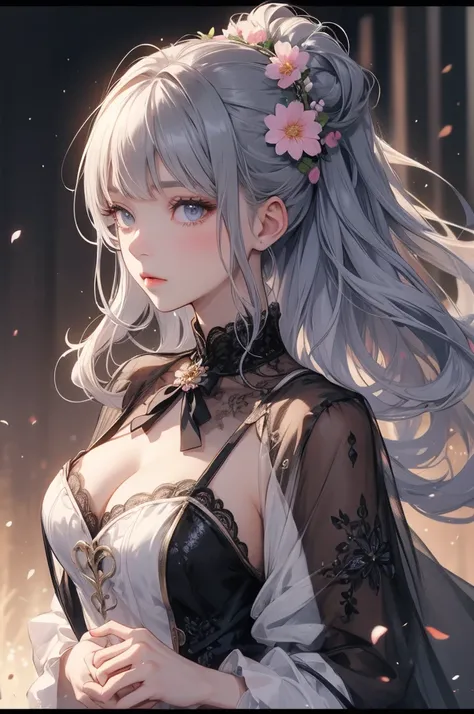   彼女はflowerびらのような緑の目をした少女です,    she has long curly hair tied in two  ,   Her hair is grey mixed with black hair   .    Girl with sheer sleeves     ,    on the tip of her dress    /It's a crossroads in life 々 flower々 Made from  、flower畑、  色とりどりのflowerがたくさん
