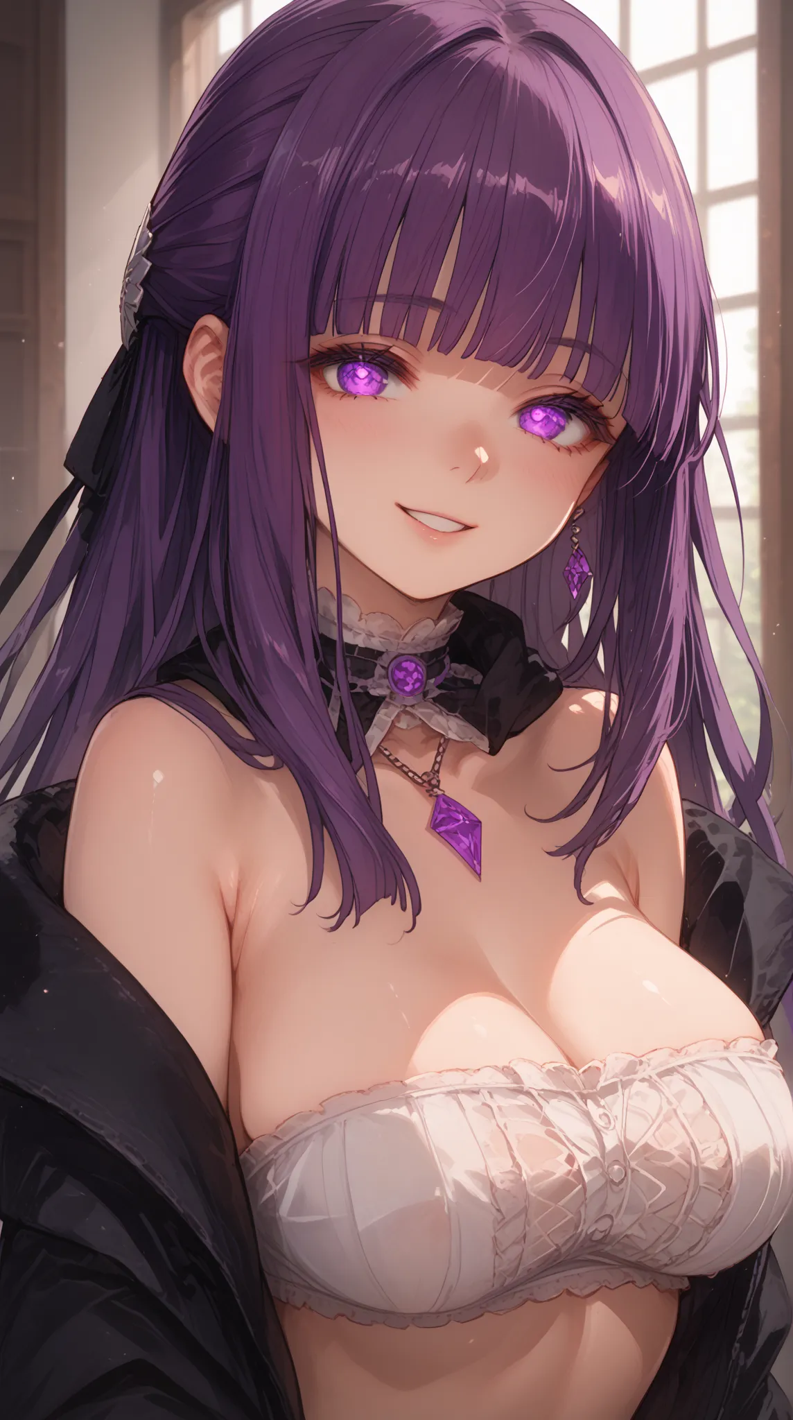 (fern \(sousou no frieren\), large breasts, long hair, purple hair, half updo, blunt bangs, purple eyes,), bandeau,scarf, depth of field, seductive smile, glowing eyes, solo, 1girl, female focus, 748cmstyle