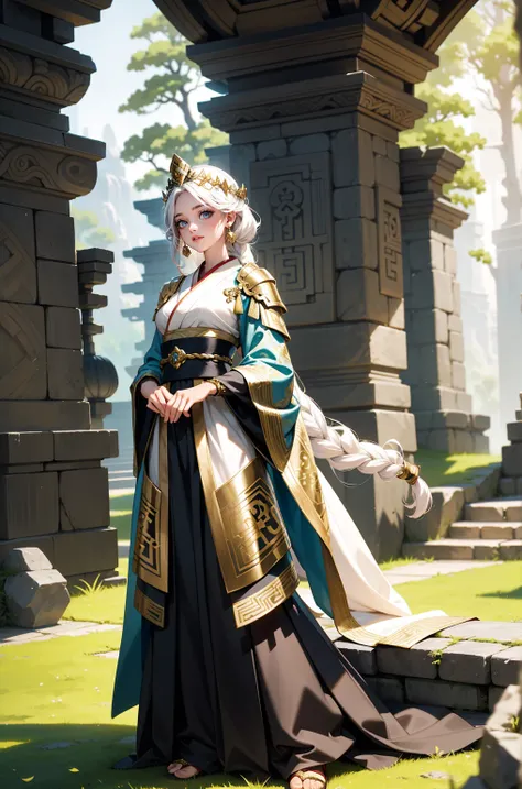 "A powerful woman in an ancient fantasy setting, wearing a fitted leather tunic with intricate rune carvings, paired with a flowing yet practical skirt made of layered fabric that allows for agile movement. Her attire is adorned with gold accents and delic...