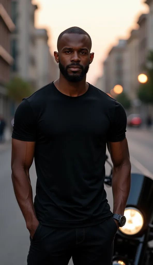 An athletic man of African descent, with short shaved hair and a carefully trimmed beard. He is wearing a basic black techno-modal T-shirt, which fits perfectly and subtly highlights his defined muscles. He is not wearing a cap. He is standing in front of ...