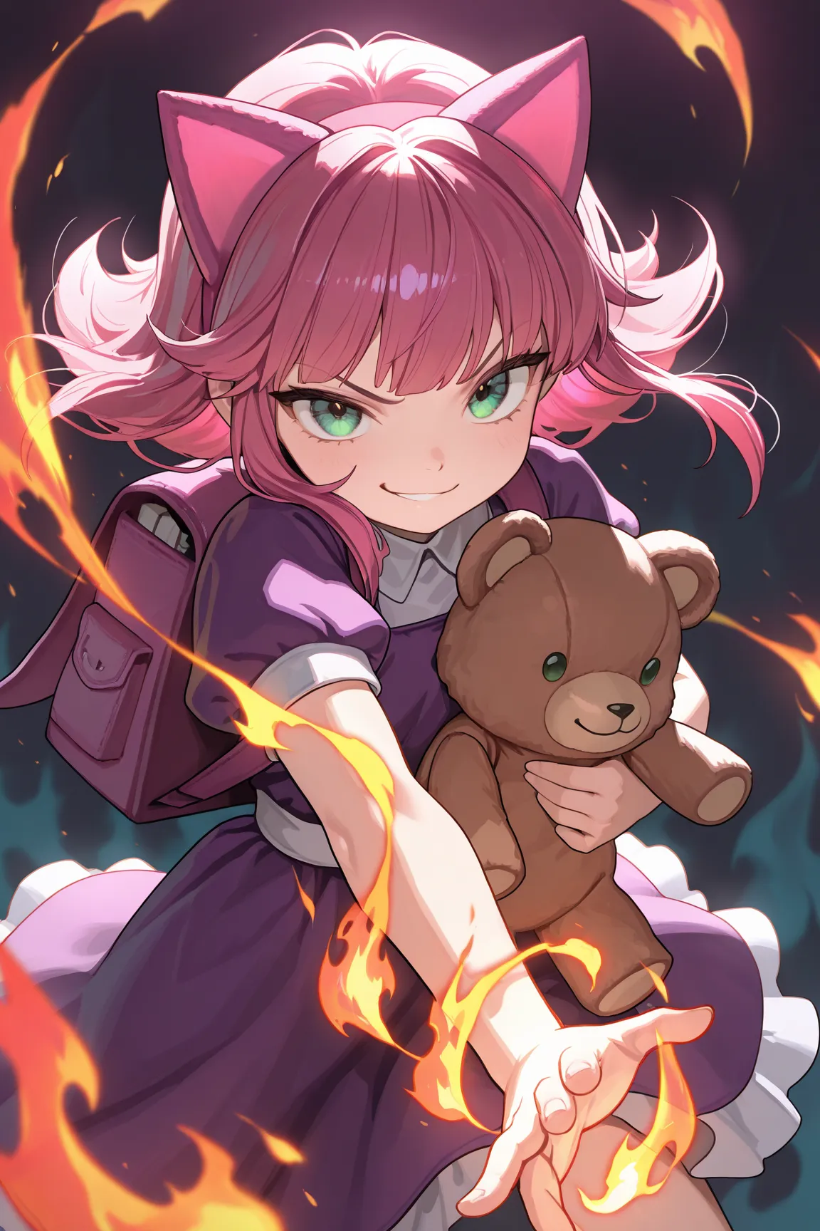 masterpiece, high quality, best quality, solo, 1girl, young, Annie, green eyes, dark pink hair, cat ears, purple dress, backpack, smirk, (holding a Teddy bear, fire magic on one hand), from League Of Legend, dynamic pose, superhero fighting, simple backgro...