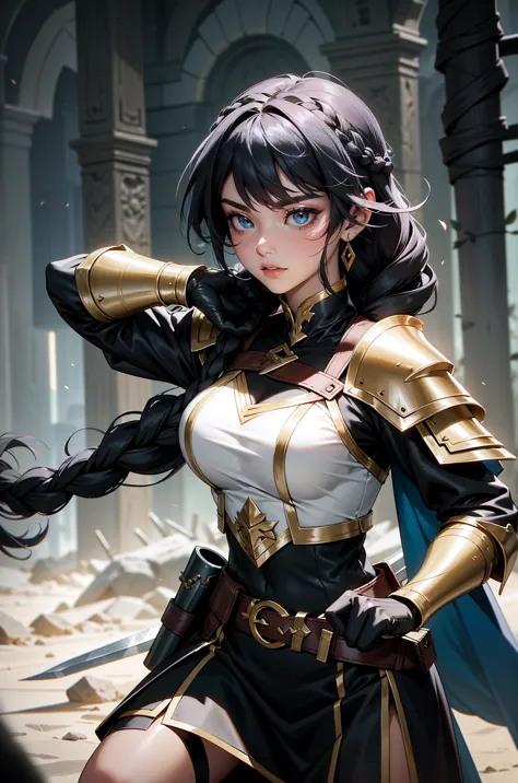 "A fierce woman in an ancient fantasy world, wearing a versatile outfit combining the strength of a warrior, the elegance of a knight, and the agility of an assassin. Her upper body is armored with intricately detailed leather and metal plates, showcasing ...