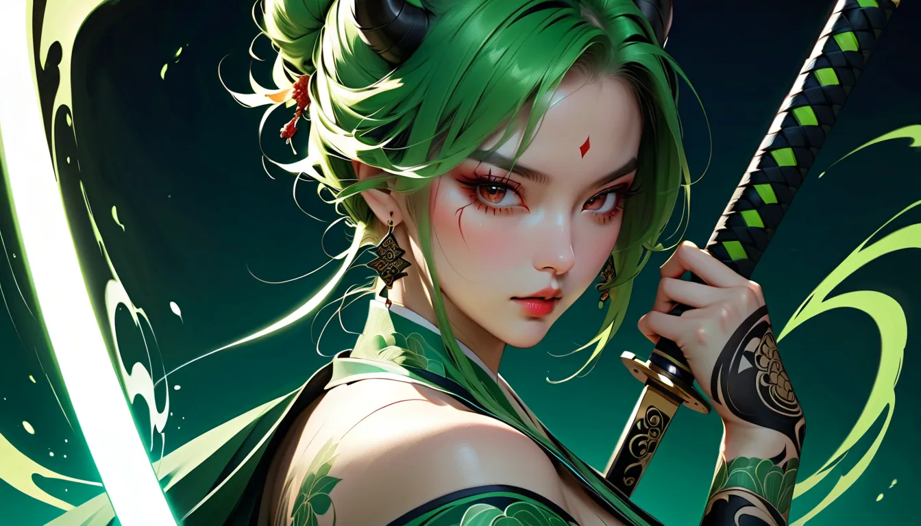 (masterpiece, ultra detailed,best quality,(((SIMPLE BACKGROUND))),Zoro-inspired female character, solo, looking directly at the viewer with a confident smile. She has short green hair, red eyes, and subtle horns. Dressed in a traditional Japanese kimono wi...