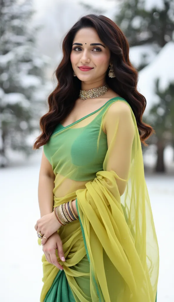 An award winning, full HD picture of a beautiful woman in her late 20s standing gracefully in a serene winter landscape, surrounded by freshly fallen snow. She is elegantly dressed in a modern and stylish chiffon saree, draped gracefully over her left shou...