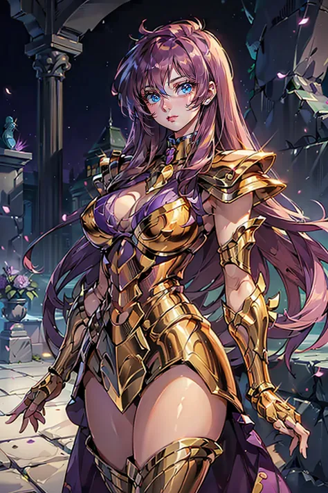 ((Best quality, detailed background,depth of field, volumetric lighting, sharp focus, Absurd, ultra-detailed), 1 sexy girl ((beautiful, medium-big breasts ,28 years old,  purple long hair, lush, soft, curvaceous body)), wearing gold armadure saint seya