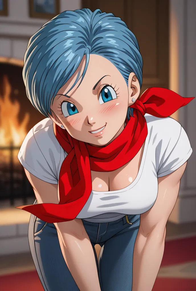 Original style, Bulma, short hair, blue eyes, blue hair, White short-sleeved shirt, jeans, red scarf around the neck, cowboy boots,cleavage, jeans, smile, looking at viewer, score_9, score_8_up, score_8, medium breasts, (curvy), cute, eyelashes, blue eyes,...