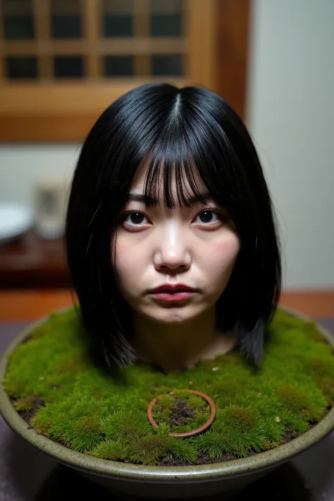 High resolution photo of the head and neck of a young Japanese woman buried in the center of the moss-covered soil in a bonsai pot placed on a table in a traditional Japanese home. The bonsai pot is about the size of her head. No part of her body is visibl...