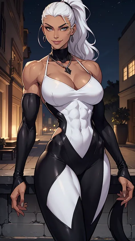 supermodel, (Felicia Hardy, Black Cat), biceps, triceps, eight pack abs, white hair, slim, toned, tall, sleek, slender, seductive smile, gentle smile, ((all black costume)), earrings, necklace, sleeves, at night, wavy hair, ponytail, mask,
