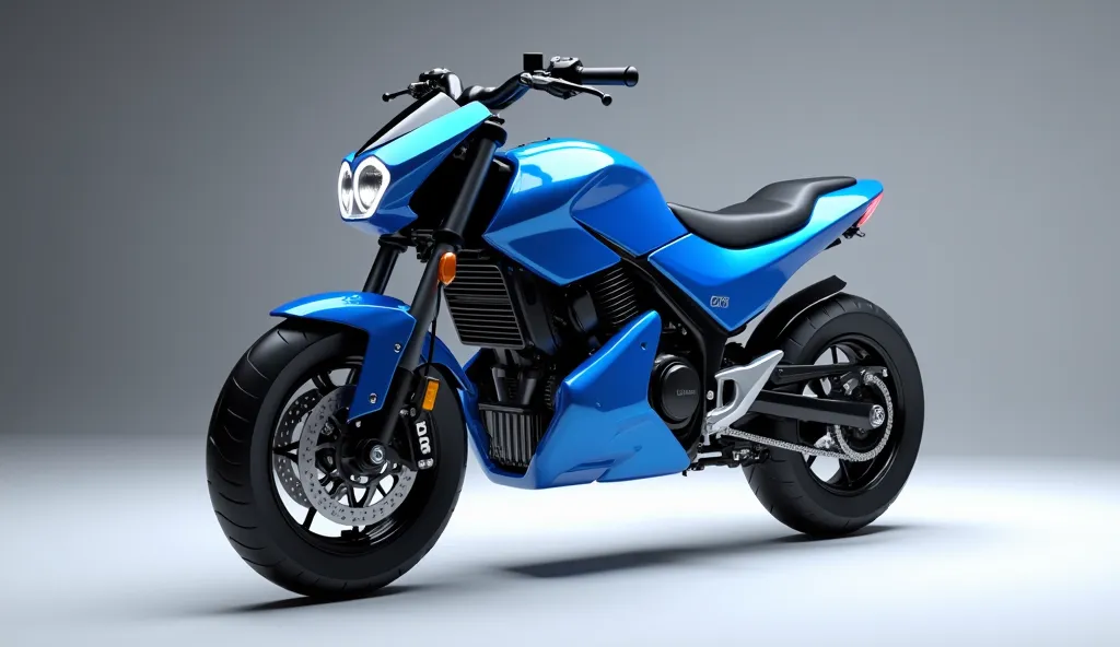 Generate a high-resolution, fully realistic image of a (2025 Maico 400 dirt bike motorcycle) in (Vibrant blue Color) , with a sleek and modern exterior, futuristic wheels, and a shimmering body color, displayed in a luxurious showroom.The image should be h...