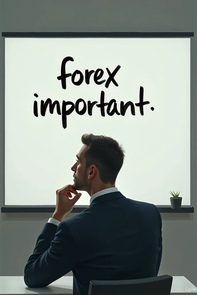 Create an image of a man sitting somewhere, with the text "FOREX IMPORTANT 🥶" written on a whiteboard.

