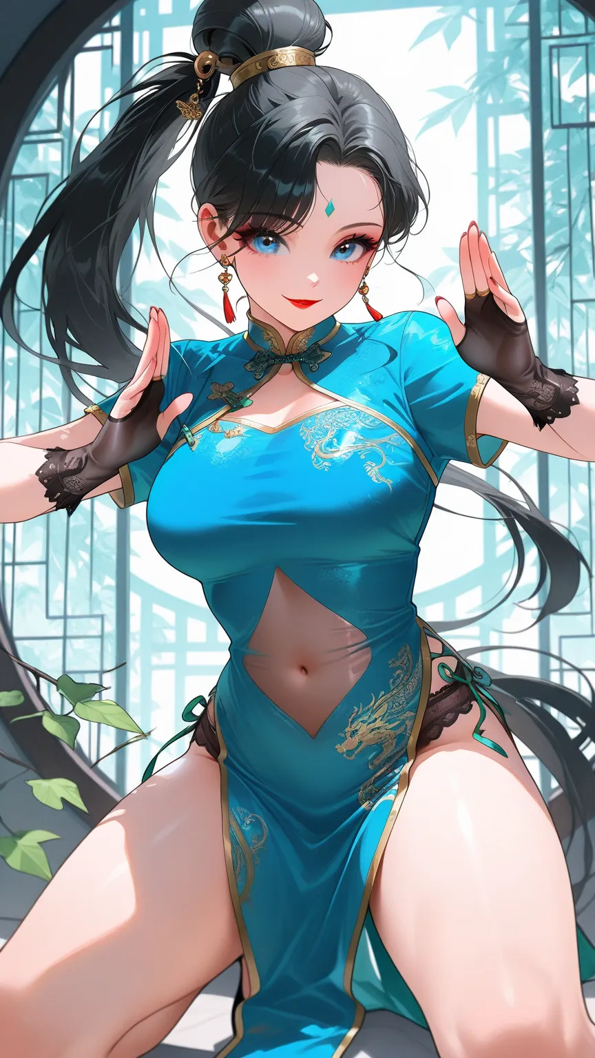 1girl, breasts, black_hair, blue_eyes, red_lips, navel, chinese_clothes, earrings, solo, jewelry, hair_bun, smile, looking_at_viewer,((Sheer young leaf colored Chinese dress with traditional pattern and slit:1.2)), ( stockings:1.2), (The dress is see-throu...