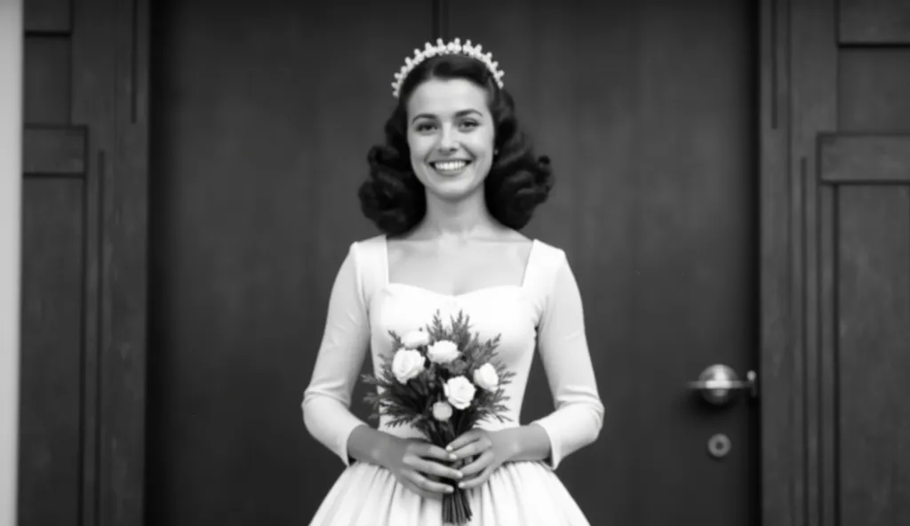 Black and white photograph from the 1950s: a young woman with a smile stands in a traditional wedding dress with long sleeves and a fluffy skirt. She is holding a bouquet of flowers in her hands,  her hair is neatly styled , a small tiara on her head. The ...