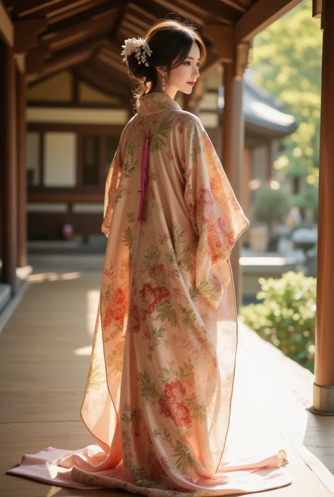 uchikake.a portrait of a east-asian woman standing on a floor. she is wearing a japanese long robe over white kimono .the robe is intricate complex and elegantly printed.she is looking back in a floor of the japanese shrine. Soft sunlight shines as it spot...