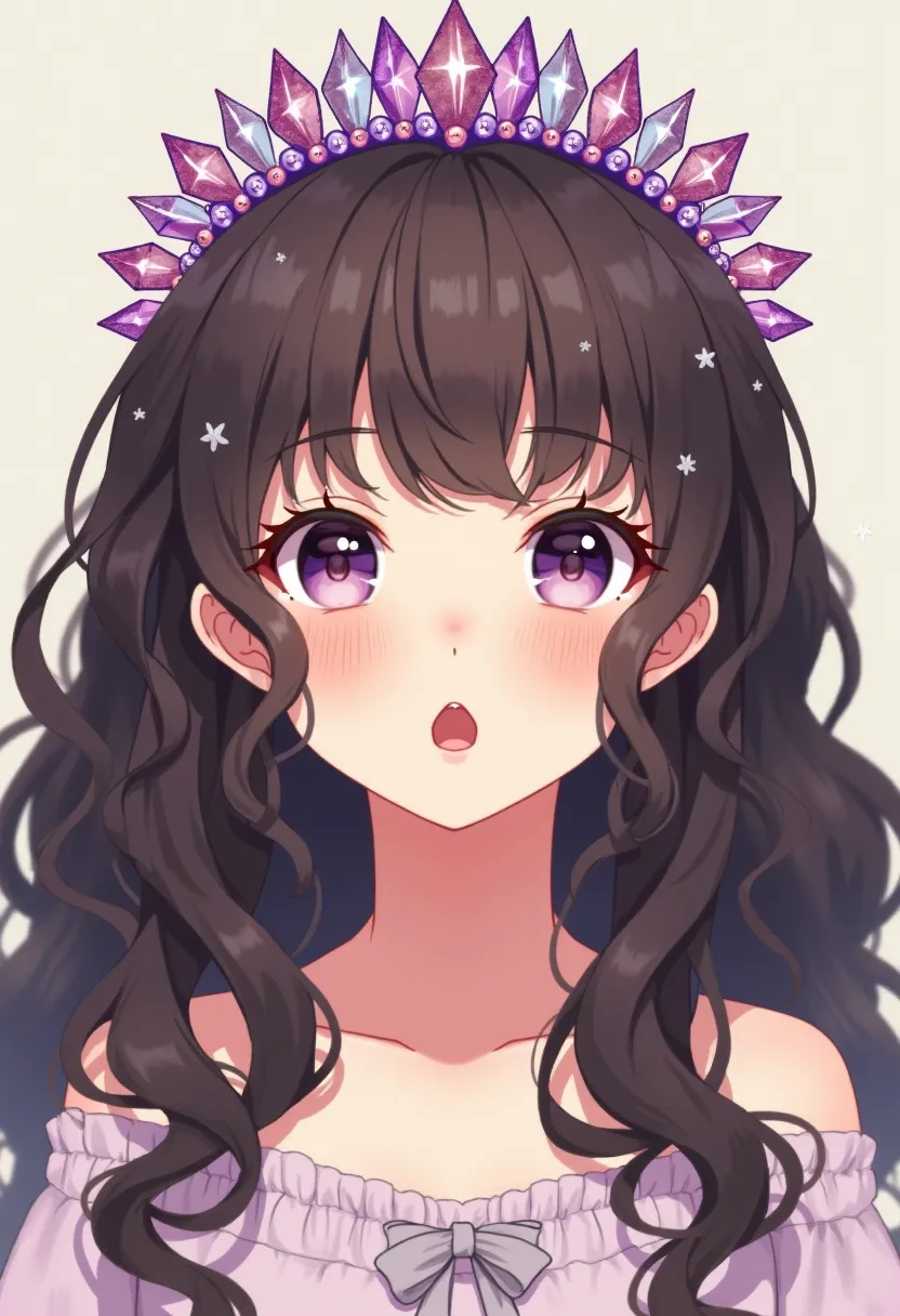 Anime of a curly haired ager, long, loose, dark brown, with a crown of diamonds and purple pearls. Her skin color is white round face with big eyes long eyelashes freckles on her cheeks her open mouth blowing. She has a purple flannel 