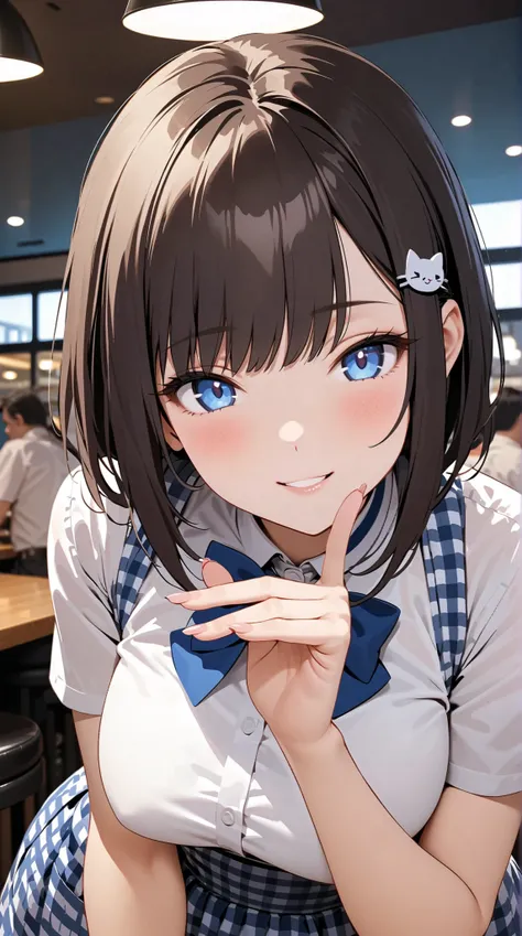 Beauty: 1.3),One person,masterpiece, Highest quality, Ultra-high resolution,Rich contrast,super high quality,8k,Highly detailed CG unit wallpaper,texture,Unbelievably absurd,Ultra-high resolution,RAW Photos,Depth of Field 1.2,crew, blue bow, blue bowtie, w...