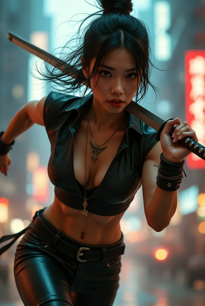 Create an image of a medium-haired Asian woman with a tattoo, a cropped leather blouse, leather bracelets on her arm, tight leather pants, running with a sword in her hand 