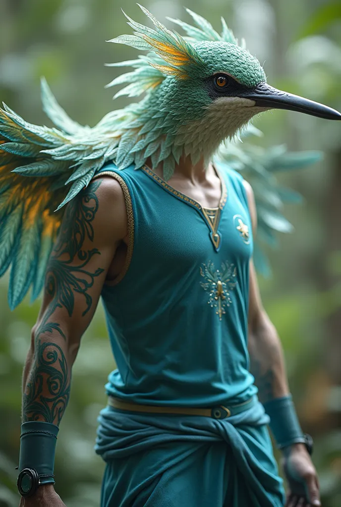 Warrior with feathered body like a hummingbird Wearing a blue jersey