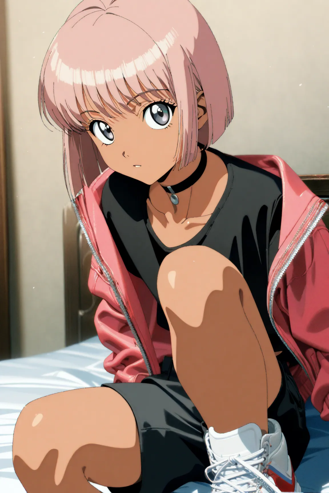 
1boy, femboy, slender dainty body, tanned skin, medium bob cut hair, bangs, grey eyes, eyelashes, collarbones  choker, black tanktop, pink unbuttoned jacket, black shorts, sneakers, sitting on a bed, 90s anime style, ultra detailed, higly detailed, master...