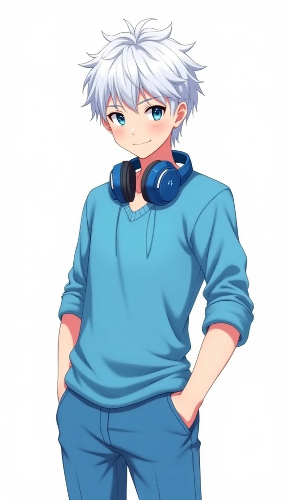 18 years old boy, 2D anime style, full body, white hair, blue eyes, blue shirt, blue pants, handsome, white background, blue headphones on his neck, smiling