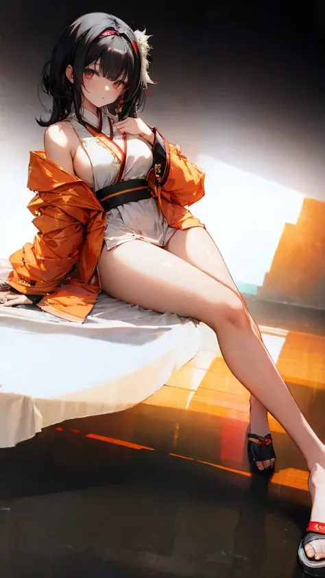  Anime style illustration: sister in a bathrobe, 18 years old, anime character, official character image, full body, female anime girl sister 18 years old, (black hair: 1.5), (suntanned: 0.5), Big red eyes,Posing,Dancing , looking at the camera, high quali...