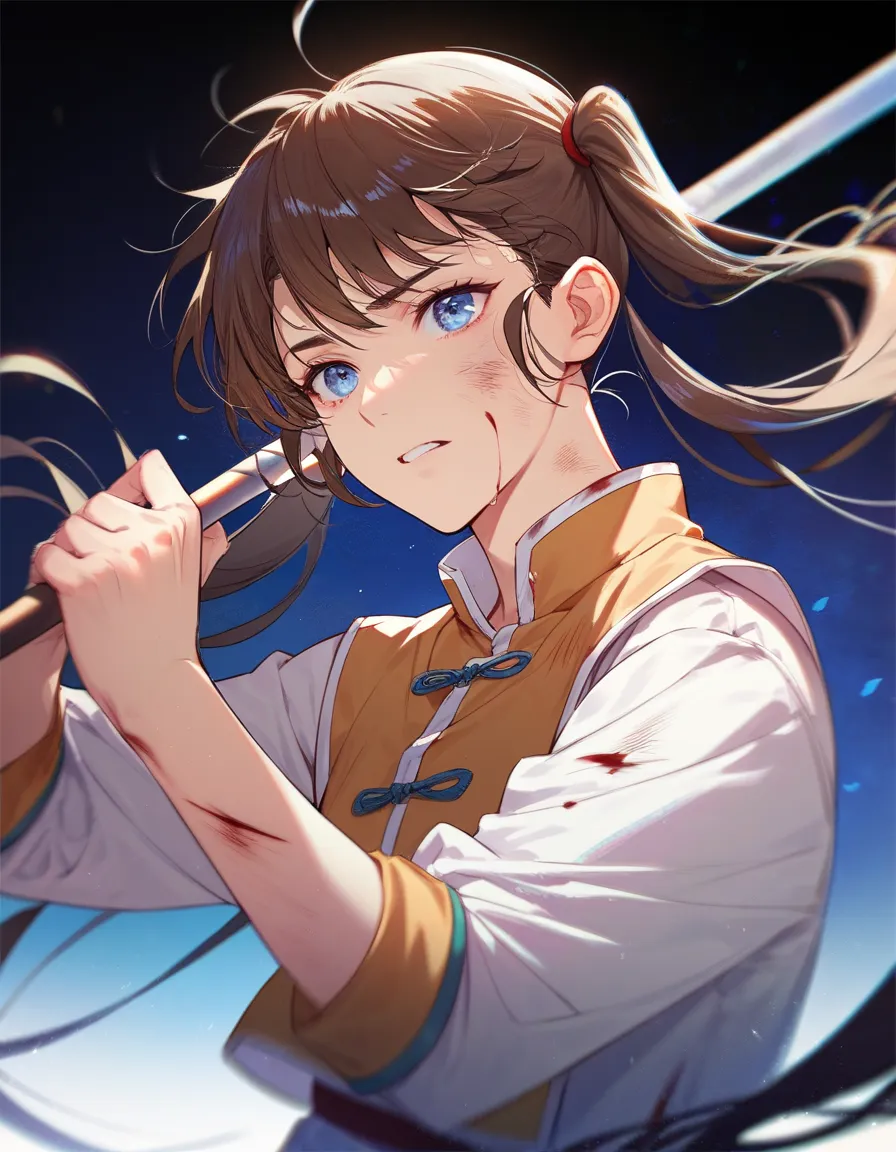 1girl, cute, pretty, brown hair, long hair, bangs, twintail, blue eyes, chinese war outfit, blood in her body, injured, wound, fighting with spear and blue aura, manhwa