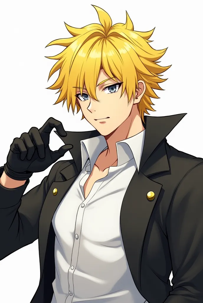 Anime Meliodas has yellow hair, a black glove, a white blouse and a black jacket. Meliodas is a drawing man