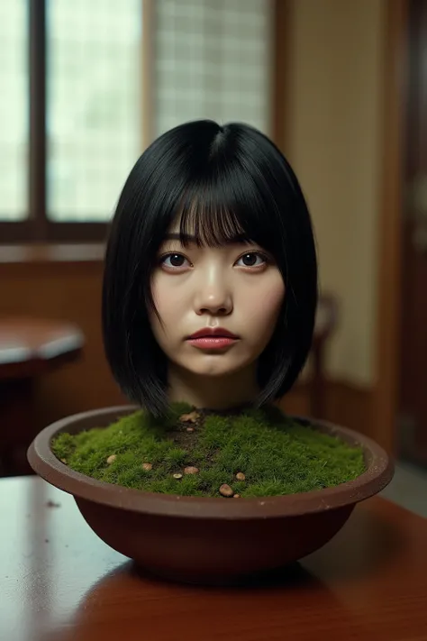 High resolution photo of the head and neck of a young Japanese woman buried in the center of the slightly mossy soil in a bonsai pot placed on a table in a traditional Japanese home. The size of the bonsai pot suits just right for her head. No part of her ...